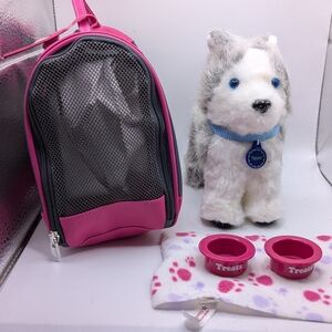 American Girl Doll Pepper Husky, Carrier Blanket Bowls Dog Puppy